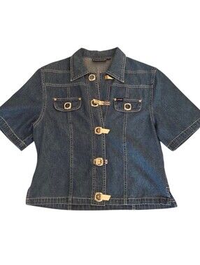 Vtg Lafei Nier Short Sleeve Denim Jacket Metal Buckle Clasp Y2K Medium Wash, S